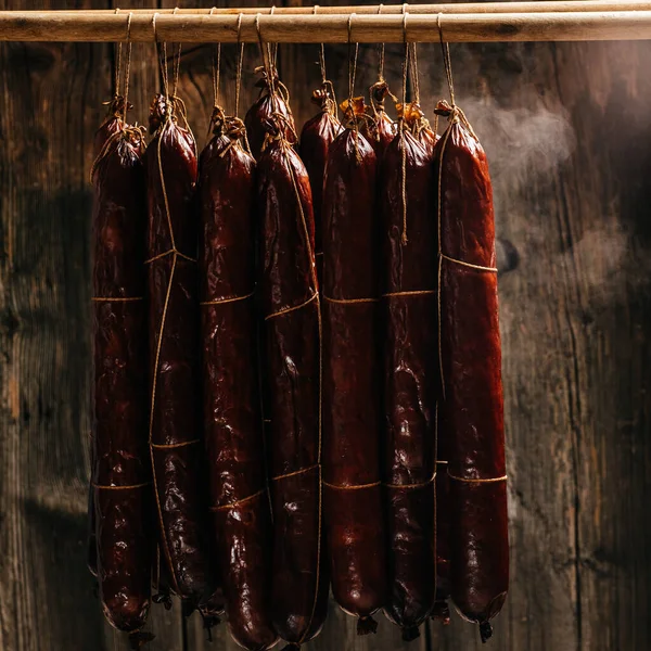 Process Smoking Sausage Hang Cupboard Smoke Clouds Smoke Rise Envelop — Stockfoto