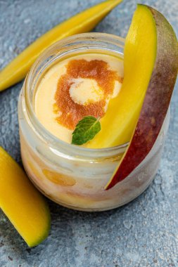 Tazeleyici mango dondurması, İtalyan tatlı dondurması, bayrak, menü, metin için tarif yeri, üst görünüm,