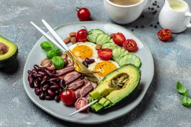 Avokado, sahanda yumurta, pastırma ve fasulyeyle Keto kahvaltısı. Paleo Keto kahvaltı diyeti öğle yemeği. Sağlıklı besleyici paleo keto kahvaltı konsepti. metin için yer, üst görünüm.