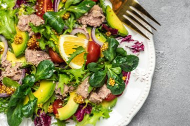 Salatayı marul, vişneli domates, avokado ve kırmızı soğanla kapat. Süper yiyecek konsepti. Sağlıklı, temiz yeme konsepti. Vejetaryen ya da glütensiz diyet. Üst görünüm.