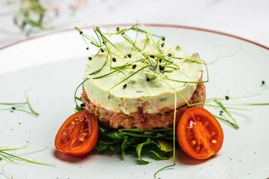 Çiğ somon, avokado mor soğan salatası, lezzetli avokado ve tuzlu somon tartartarı, roka, restoran menüsü, diyet, yemek kitabı tarifi üst görünümü.,