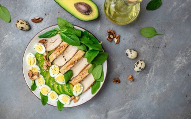 Keto diyet salata avokado, ızgara tavuk fileto, bıldırcın yumurtası, ıspanak, ceviz. Sağlıklı yağlar, kilo kaybı, afiş, menü, metin için tarif yeri, üst görünüm için temiz yeme,