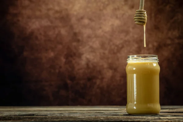 Ballı Jar Honey Bal Kavanozlu Kompozisyon Bal Bayrak Menü Metin — Stok fotoğraf