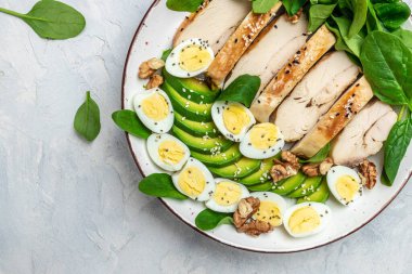 Keto diyet salata avokado, ızgara tavuk fileto, bıldırcın yumurtası, ıspanak, ceviz. Sağlıklı yağlar, kilo kaybı, afiş, menü, metin için tarif yeri, üst görünüm için temiz yeme,