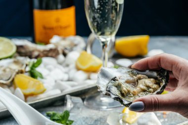 Limonlu taze istiridye. Sağlıklı yemekler, gurme yemekleri. Restoranda istiridye yemeği..