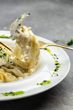 Tavuklu makarna, kremalı soslu Fettuccine Alfredo, tavuklu, parmesanlı beyaz tabak. İtalyan mutfağı. Restoran menüsü, diyet, yemek kitabı tarifi üst görünümü.