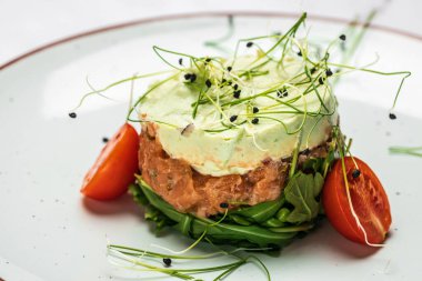 Çiğ somon, avokado mor soğan salatası, lezzetli avokado ve tuzlu somon tartartarı, roka, restoran menüsü, diyet, yemek kitabı tarifi üst görünümü.,