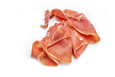 Hamon kırk sekiz haftalık. İspanyol jamonu ve geleneksel yemekler, Jamon Serrano, Bellota, İtalyan Prosciutto Crudo veya Parma jambonu, tüm bacağı beyaz arka planda izole edilmiş.,