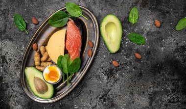 Düşük karbonhidratlı ürünleri yüksek proteinli ve iyi yağ kaynaklı yapın. Sağlıklı yağlar, arka planda kilo vermek için temiz yiyecekler, keto ya da ketojenik diyet, uzun afiş formatı. en üstteki görünüm.