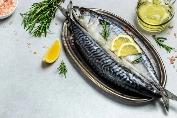 Marinated Mackerel Herring Fish Salt Lemon Spices Metal Tray Seafood — Foto Stock