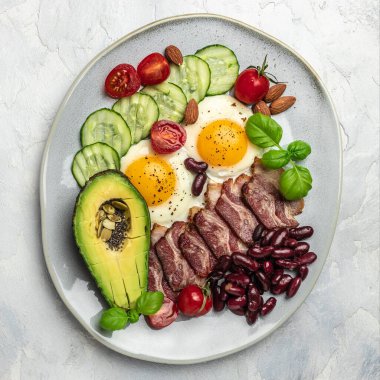 Ketogenik diyet öğün avokado, kızarmış yumurta, pastırma ve fasulye. Sağlıklı besleyici paleo keto kahvaltı diyeti öğle yemeği. Pankart, yemek servisi menü tarifi yeri, metin, üst görünüm.