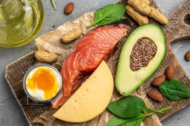 Keto diyet yemeği, somon, avokado, peynir, yumurta, ıspanak ve fındık. Ketojenik düşük karbonhidrat diyet konsepti. Sağlıklı yiyecekler seçimi için malzemeler, metin için yer, üst görünüm,