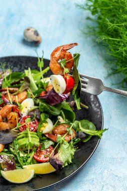 Beslenme menüsü. Kiraz domatesli sağlıklı salata, salatalık, avokado, yumurta ve füme karides. Paleo diyet menüsü. Pankart, menü, tarif, mesaj için yer. Üst görünüm.