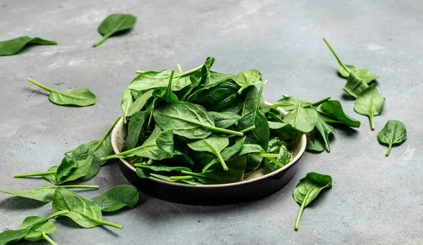 Ispanak. Çiğ organik taze ıspanak yaprakları gri arka plandaki metal kasede. Uzun afiş biçimi. en üstteki görünüm.