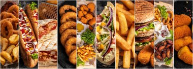 Fast food ve abur cubur konsepti. Sığır etli, sebzeli ev yapımı burger, ahşap arka planda patates kızartması. Uzun pankart biçimi.