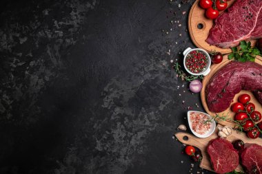 Koyu arka planda baharatlı çiğ et bifteği çeşitleri. Uzun afiş biçimi. en üstteki görünüm.