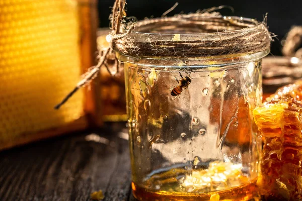 Macro photo of a bee hive on a honeycomb. Bees produce fresh, healthy, honey. Honey background. Beekeeping concept. Long banner format.