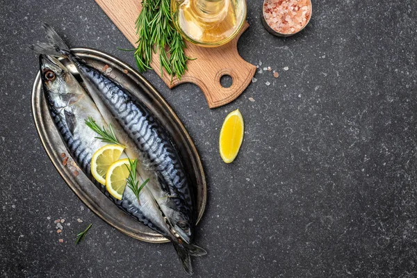 Scomber Marinated Mackerel Herring Fish Salt Lemon Spices Dark Background — Stockfoto