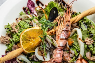 Sağlıklı salata tabağı deniz ürünleri yumurtası ve karides. Yemek tarifi geçmişi. Kapat..