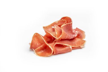 Hamon kırk sekiz haftalık. İspanyol jamonu ve geleneksel yemekler, Jamon Serrano, Bellota, İtalyan Prosciutto Crudo veya Parma jambonu, tüm bacağı beyaz arka planda izole edilmiş.,
