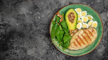 Ketojenik diyet avokado, ızgara tavuk filetosu, bıldırcın yumurtası, ıspanak, ceviz. Sağlıklı yağlar, kilo vermek için temiz yiyecekler, uzun afiş formatı. en üstteki görünüm.