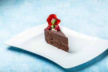 Lezzetli çikolatalı pasta. Yemek tarifi geçmişi. Kapatın. Katmanlı çikolatalı pasta.