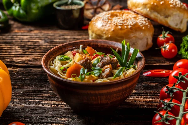 Lagman Asian Soup Concept Oriental Uzbek Cuisine Food Recipe Background — Stock Photo, Image