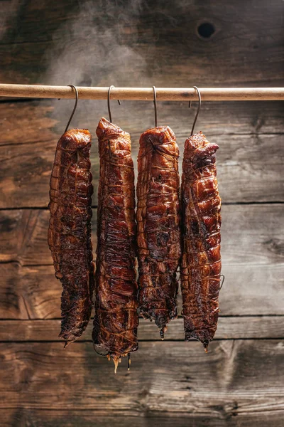 Tasty Meats Traditionally Smoked Meats Pork Ham Traditional Method Smoking — Zdjęcie stockowe