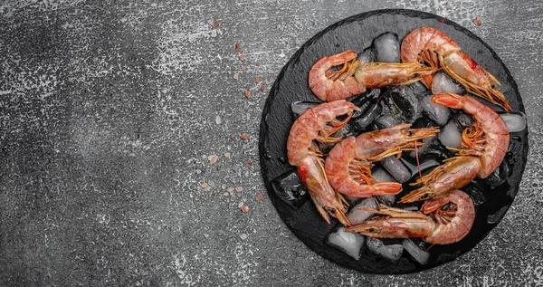 Karides, karides. Hafif arka planda buzlu deniz mahsulleri, karidesler, okyanus karidesleri. Uzun afiş biçimi. en üstteki görünüm.