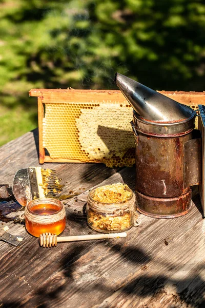 Background Texture Pattern Section Wax Honeycomb Bee Hive Filled Golden — Stock Photo, Image