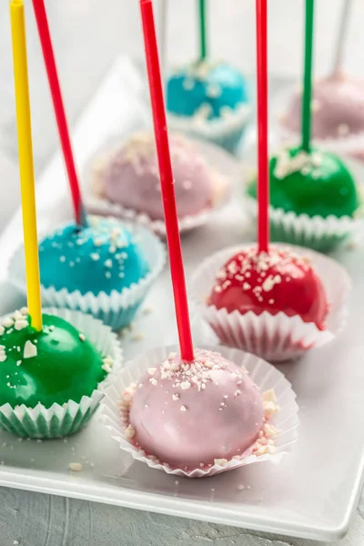 Brightly Colored Cake Pops White Plate Catering Banner Menu Recipe — Stock Photo, Image