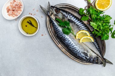 Scomber, marine edilmiş uskumru ya da hafif arkaplanlı tuzlu, limonlu ve baharatlı ringa balığı. Deniz ürünleri konsepti. en üstteki görünüm.