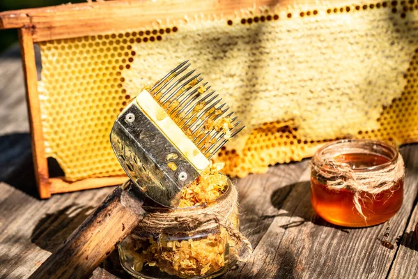jar of fresh honey in a glass jar, beekeeping tools outside. frame with bees wax structure full of fresh bee honey in honeycombs. Beekeeping concept. Top view. Copy space.