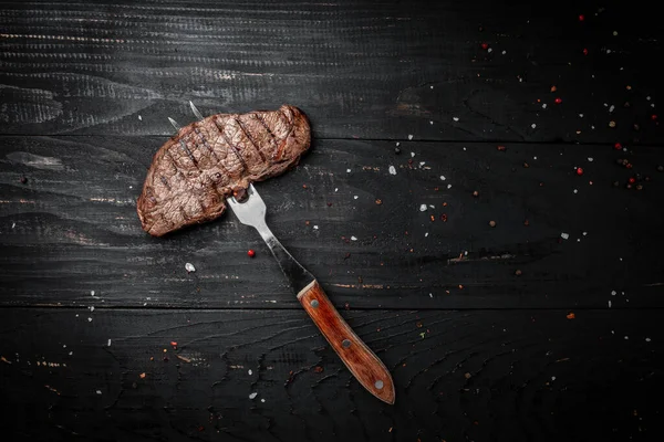 Rump Steak Fork Dark Wooden Background Banner Menu Recipe Place — Stock Photo, Image