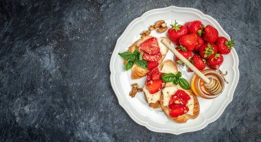 Çilekli crostini, peynirli camembert fındığı ve bal. Uzun afiş biçimi. en üstteki görünüm.