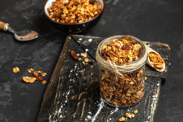 Glass Jar Granola Honey Seeds Dried Fruits Superfood Concept Healthy — Stock Photo, Image