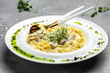 Tavuklu makarna, kremalı soslu Fettuccine Alfredo, tavuklu, parmesanlı beyaz tabak. İtalyan mutfağı. Restoran menüsü, diyet, yemek kitabı tarifi üst görünümü.