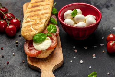 Domatesli, mozarella ve fesleğenli, Caprese Panini Sandviçi ile kızartılmış panini caprese. Lezzetli kahvaltı ya da atıştırmalık, temiz yemek, diyet, vejetaryen yemek konsepti. en üstteki görünüm.