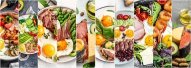 Ketogenik diyet yemekleri, avokadolu yumurta pastırması, sağlıklı gıda konseptinde çilek ve taze salata, uzun pankart formatı. en üstteki görünüm.