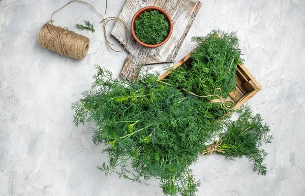 Fresh Dill Close Caixa Madeira Fundo Claro Preparação Para Congelamento — Fotografia de Stock