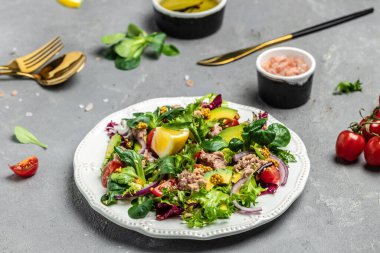 Marullu ton balığı salatası, vişneli domates, avokado ve kırmızı soğanlı. Lezzetli kahvaltı ya da atıştırmalık, temiz yemek, diyet, vejetaryen yemek konsepti. en üstteki görünüm.