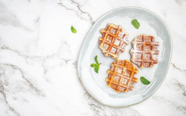 Tatlı waffle 'lar servis için hazırlanmış pudra şekeri serpiştirilmiş. Lezzetli kahvaltı ya da atıştırmalık. Uzun pankart biçimi.