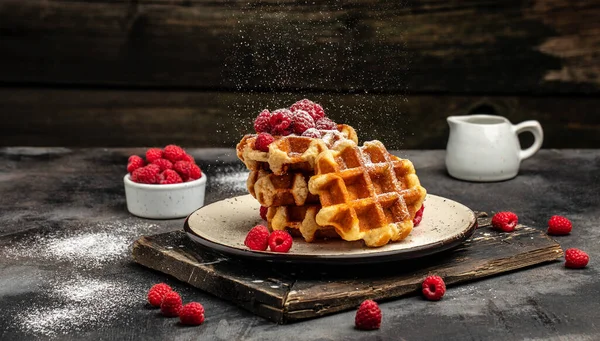 Belgische Waffeln Mit Himbeeren Mit Zuckerpulver Einer Gefrierbewegung Einer Wolke — Stockfoto