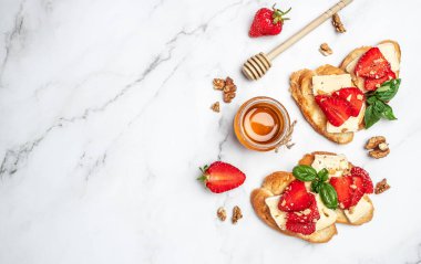 Tost ya da böğürtlenli bruschetta, peynirli camembert fındık ve bal. Yaz kahvaltısı. Sağlıklı, temiz yemek. Vegan ya da glütensiz diyet.