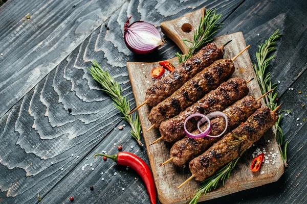 Shish Kebab Stick Ground Beef Meat Black Background Chopping Board — 스톡 사진