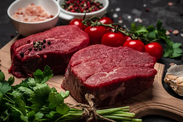 Two Fresh Raw Beef Steaks Spices Ready Cook Dark Background — Stock Photo, Image
