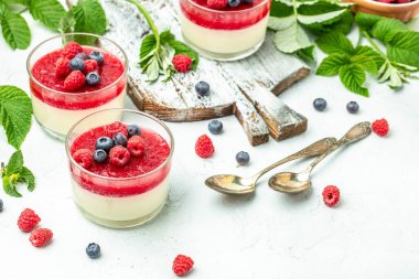 İtalyan tatlısı. Hafif arka planda ahududu reçelli ahududu panna cotta. Küçük kavanozlarda krema soslu böğürtlen tatlısı. Uzun afiş biçimi. metin için yer.