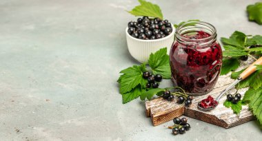 Lezzetli siyah frenk üzümü, krema veya reçel ve taze böğürtlen, uzun pankart formatı. en üstteki görünüm.