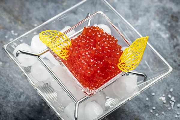 Delicious Red Caviar Bowl Close Salmon Caviar Delicatessen Gourmet Food —  Fotos de Stock