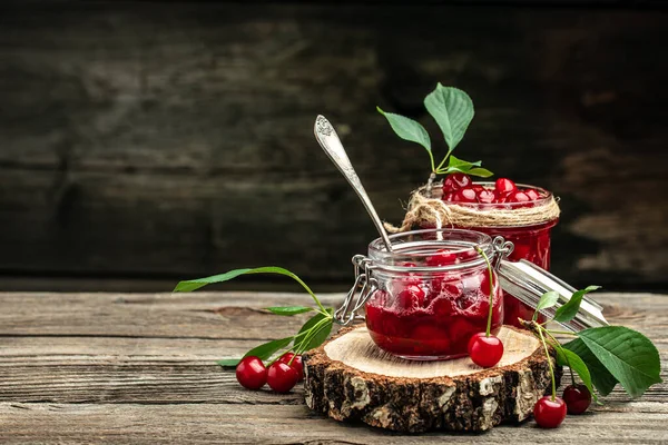 Jar Cherry Jam Sour Cherries Berries Cherry Syrup Ripe Ripe — Stockfoto